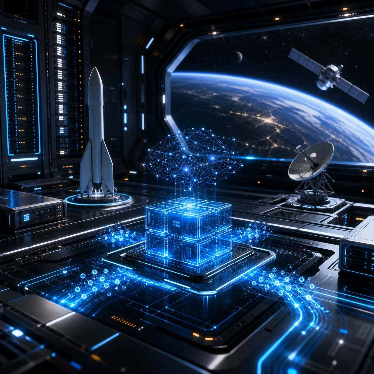 Orbital server bay representing Grokvortex AI compute billing