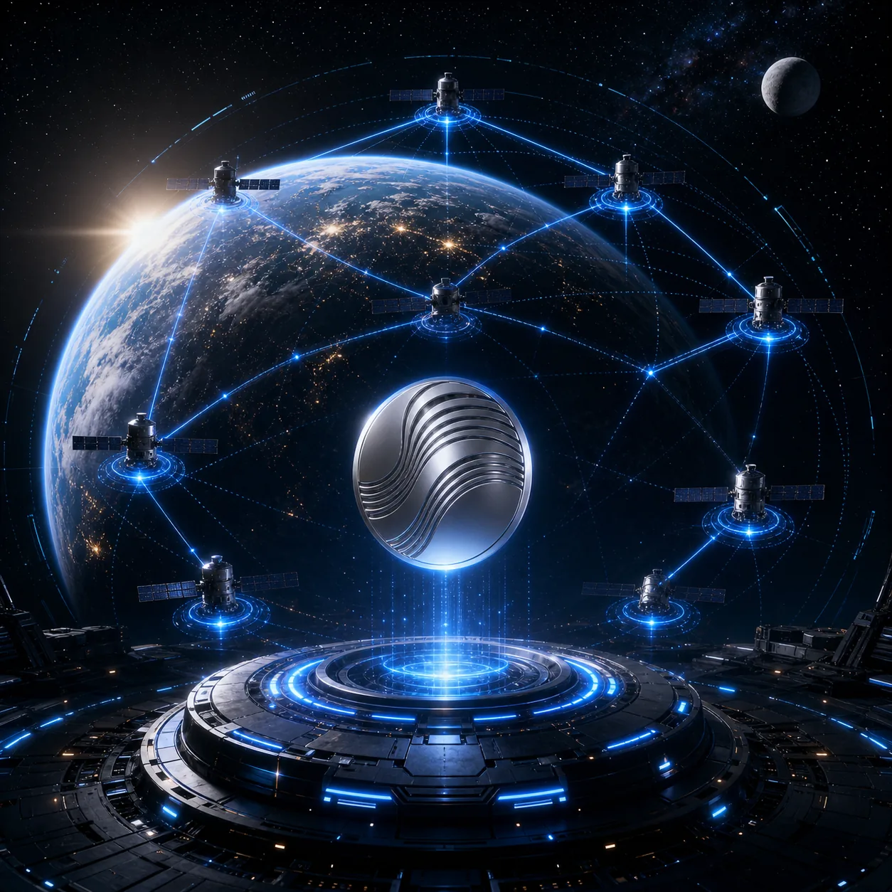 Satellite network around Earth representing Grokvortex multi-chain settlement